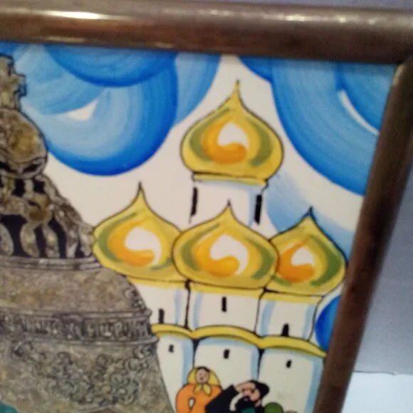Vintage Russian Painted Tile Trivet Folk Art Framed Colorful Beautiful - Picture 3 of 8
